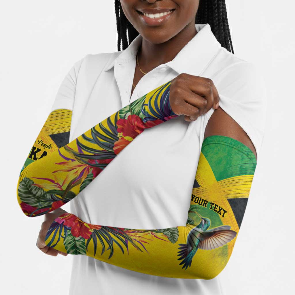 Personalized Black Jamaicans Hummingbird Arm Sleeves Tropical Flowers Grunge Flag