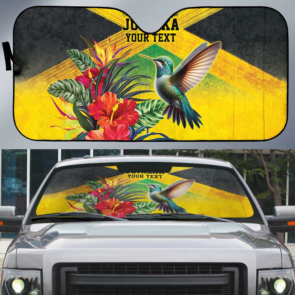 Personalized Black Jamaicans Hummingbird Auto Sun Shade Tropical Flowers Grunge Flag