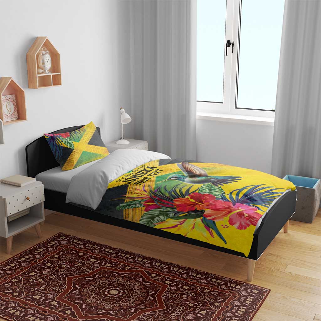 Personalized Black Jamaicans Hummingbird Bedding Set Tropical Flowers Grunge Flag - African Pride