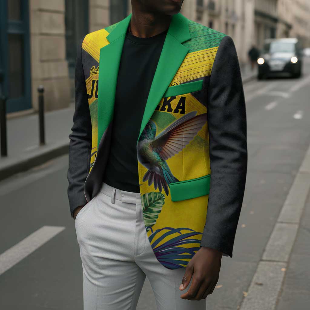 Personalized Black Jamaicans Hummingbird Blazer Tropical Flowers Grunge Flag