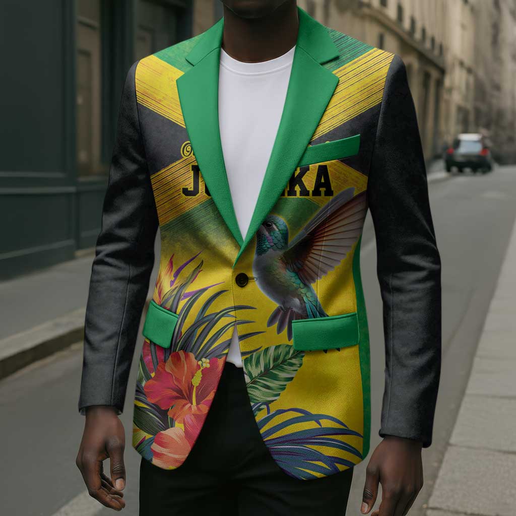 Personalized Black Jamaicans Hummingbird Blazer Tropical Flowers Grunge Flag