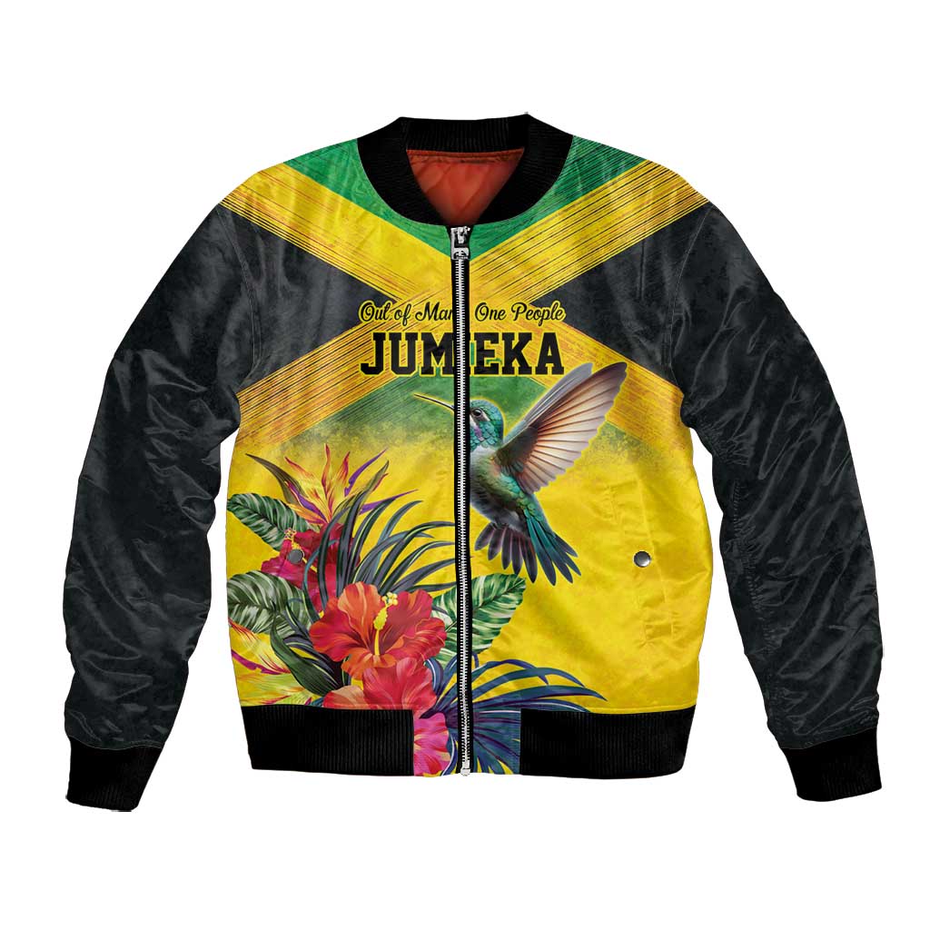 Personalized Black Jamaicans Hummingbird Bomber Jacket Tropical Flowers Grunge Flag - African Pride