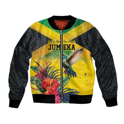 Personalized Black Jamaicans Hummingbird Bomber Jacket Tropical Flowers Grunge Flag - African Pride