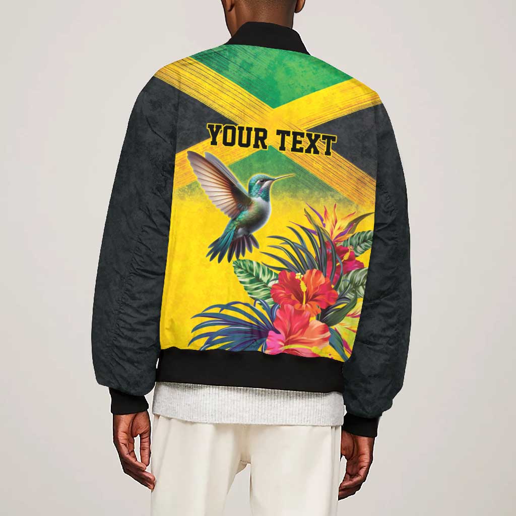 Personalized Black Jamaicans Hummingbird Bomber Jacket Tropical Flowers Grunge Flag - African Pride