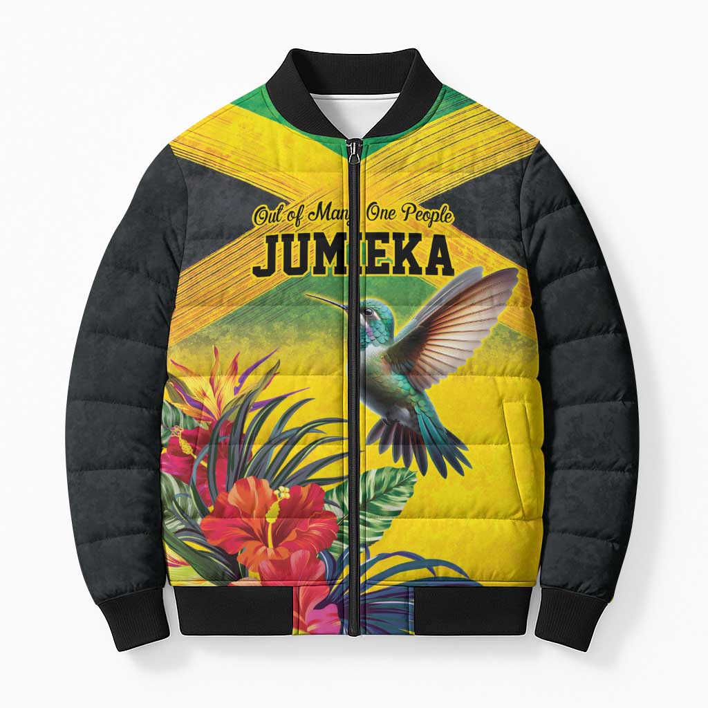 Personalized Black Jamaicans Hummingbird Bomber Puffer Jacket Tropical Flowers Grunge Flag