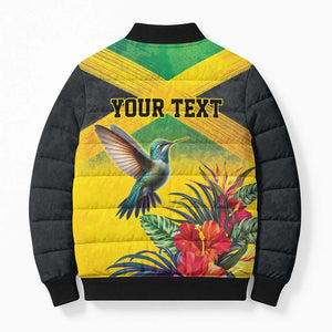 Personalized Black Jamaicans Hummingbird Bomber Puffer Jacket Tropical Flowers Grunge Flag