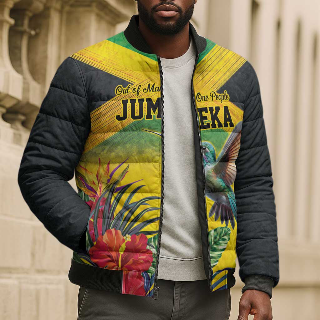 Personalized Black Jamaicans Hummingbird Bomber Puffer Jacket Tropical Flowers Grunge Flag