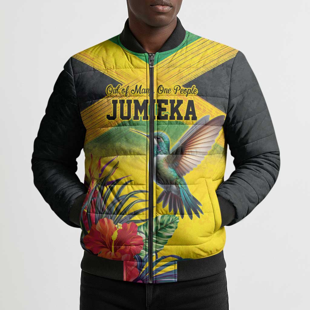 Personalized Black Jamaicans Hummingbird Bomber Puffer Jacket Tropical Flowers Grunge Flag