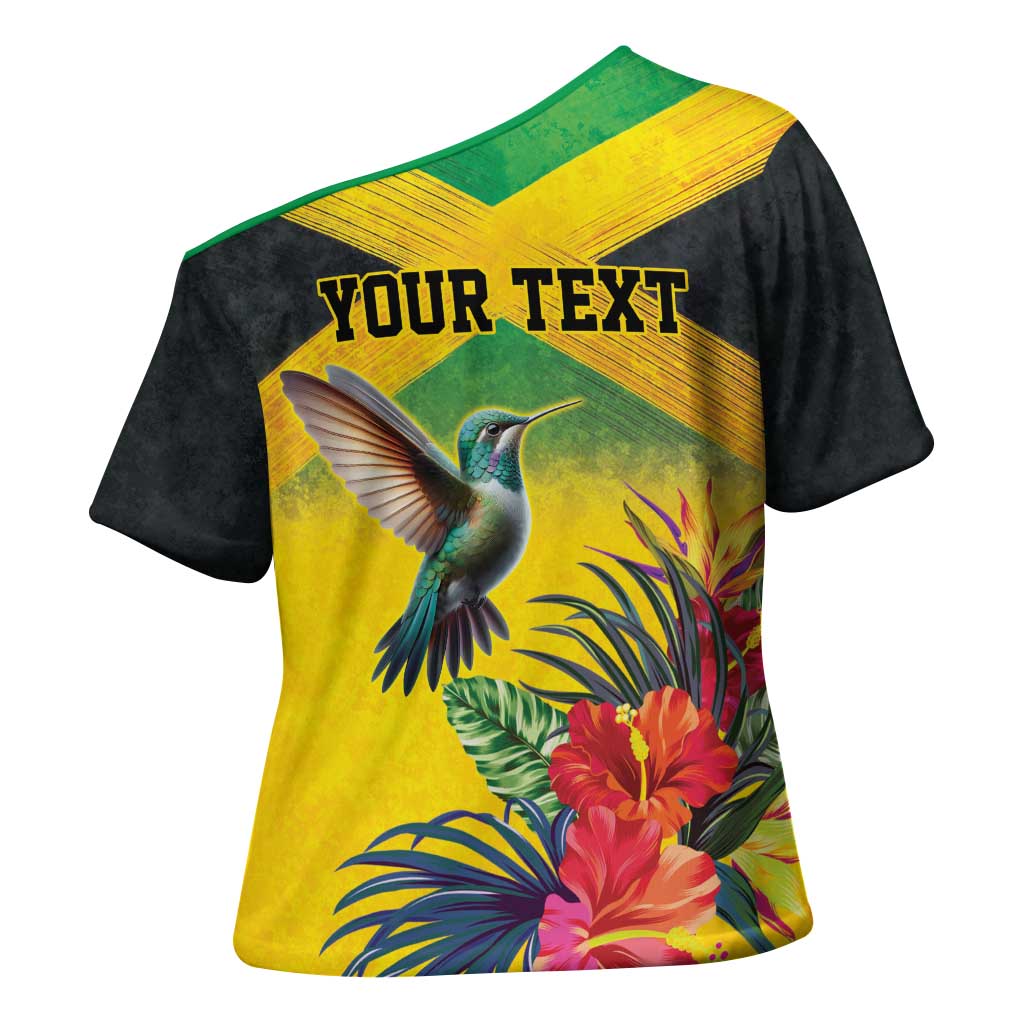 Personalized Black Jamaicans Hummingbird Cross Shoulder Shirt Tropical Flowers Grunge Flag