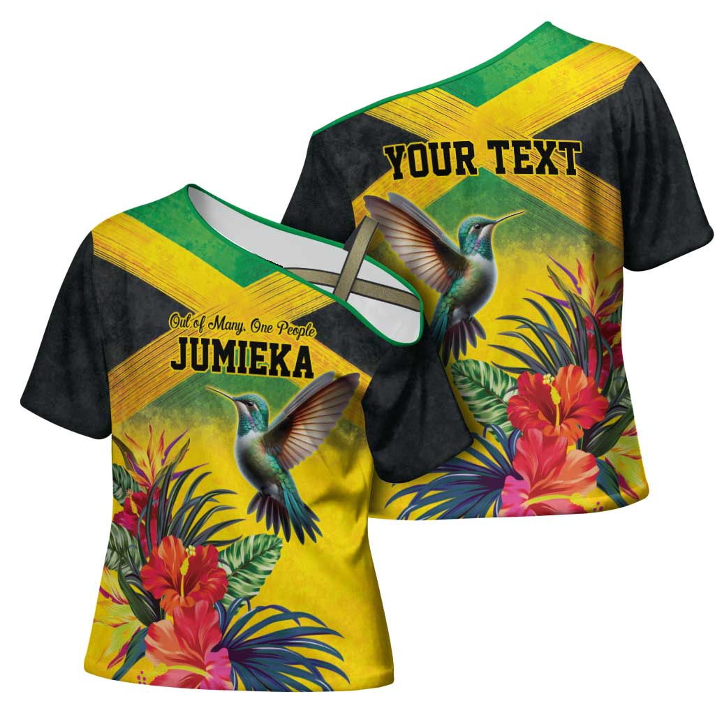 Personalized Black Jamaicans Hummingbird Cross Shoulder Shirt Tropical Flowers Grunge Flag