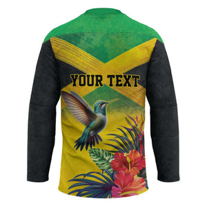 Personalized Black Jamaicans Hummingbird Hockey Jersey Tropical Flowers Grunge Flag