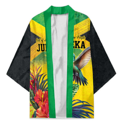 Personalized Black Jamaicans Hummingbird Kimono Tropical Flowers Grunge Flag
