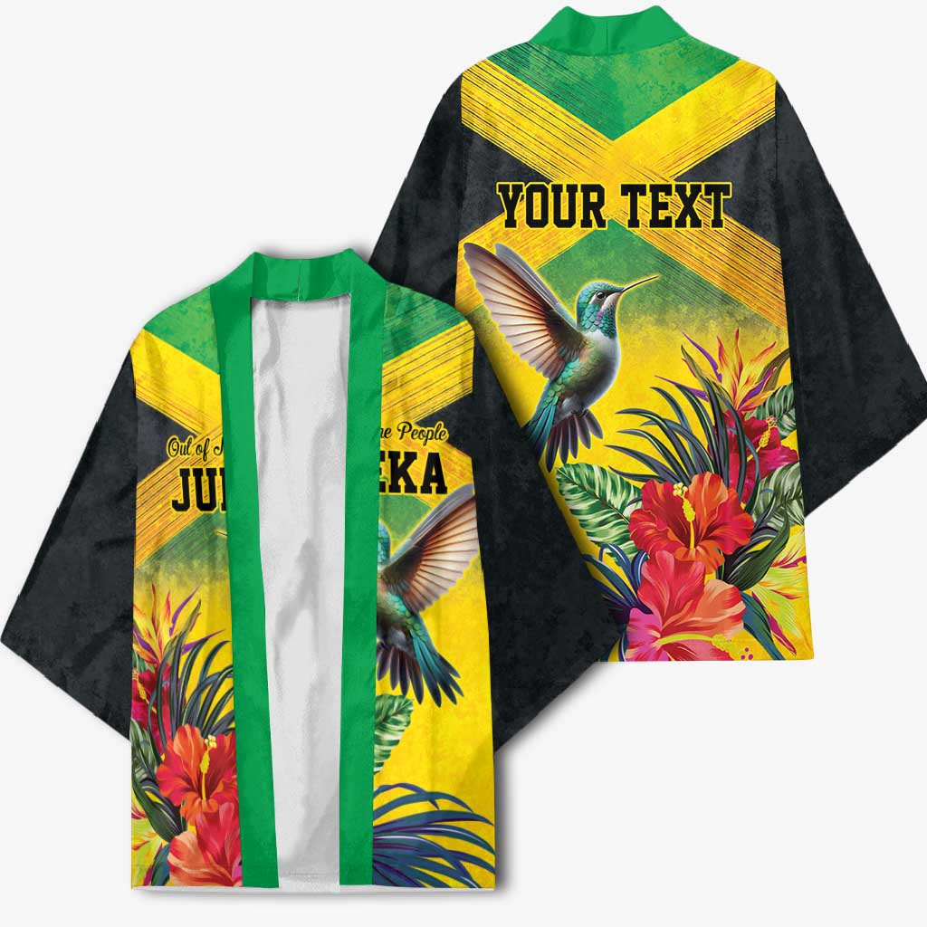 Personalized Black Jamaicans Hummingbird Kimono Tropical Flowers Grunge Flag