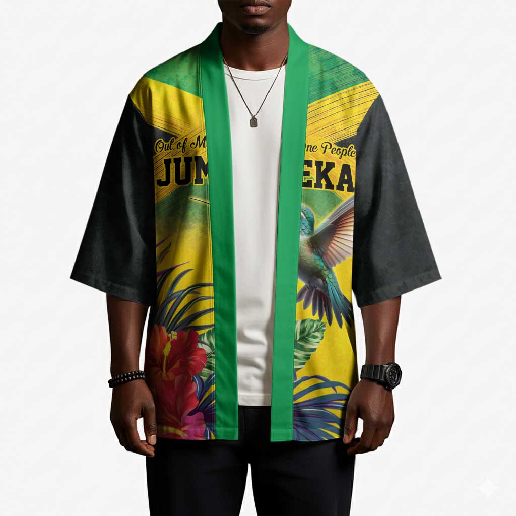 Personalized Black Jamaicans Hummingbird Kimono Tropical Flowers Grunge Flag
