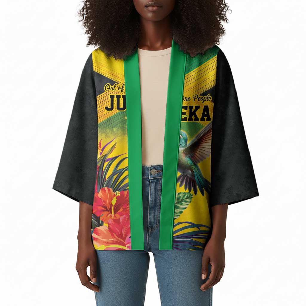 Personalized Black Jamaicans Hummingbird Kimono Tropical Flowers Grunge Flag