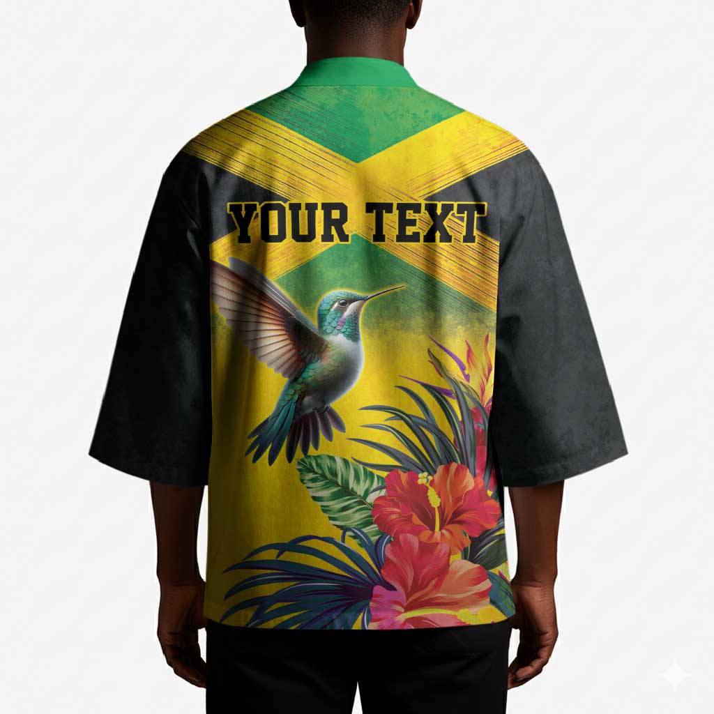 Personalized Black Jamaicans Hummingbird Kimono Tropical Flowers Grunge Flag