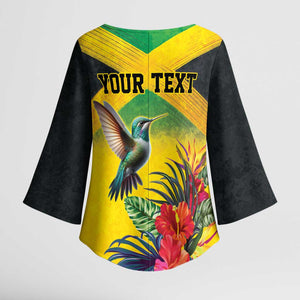 Personalized Black Jamaicans Hummingbird Kimono Sleeve Blouse Tropical Flowers Grunge Flag