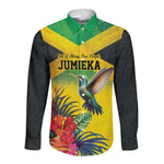 Personalized Black Jamaicans Hummingbird Long Sleeve Button Shirt Tropical Flowers Grunge Flag - African Pride