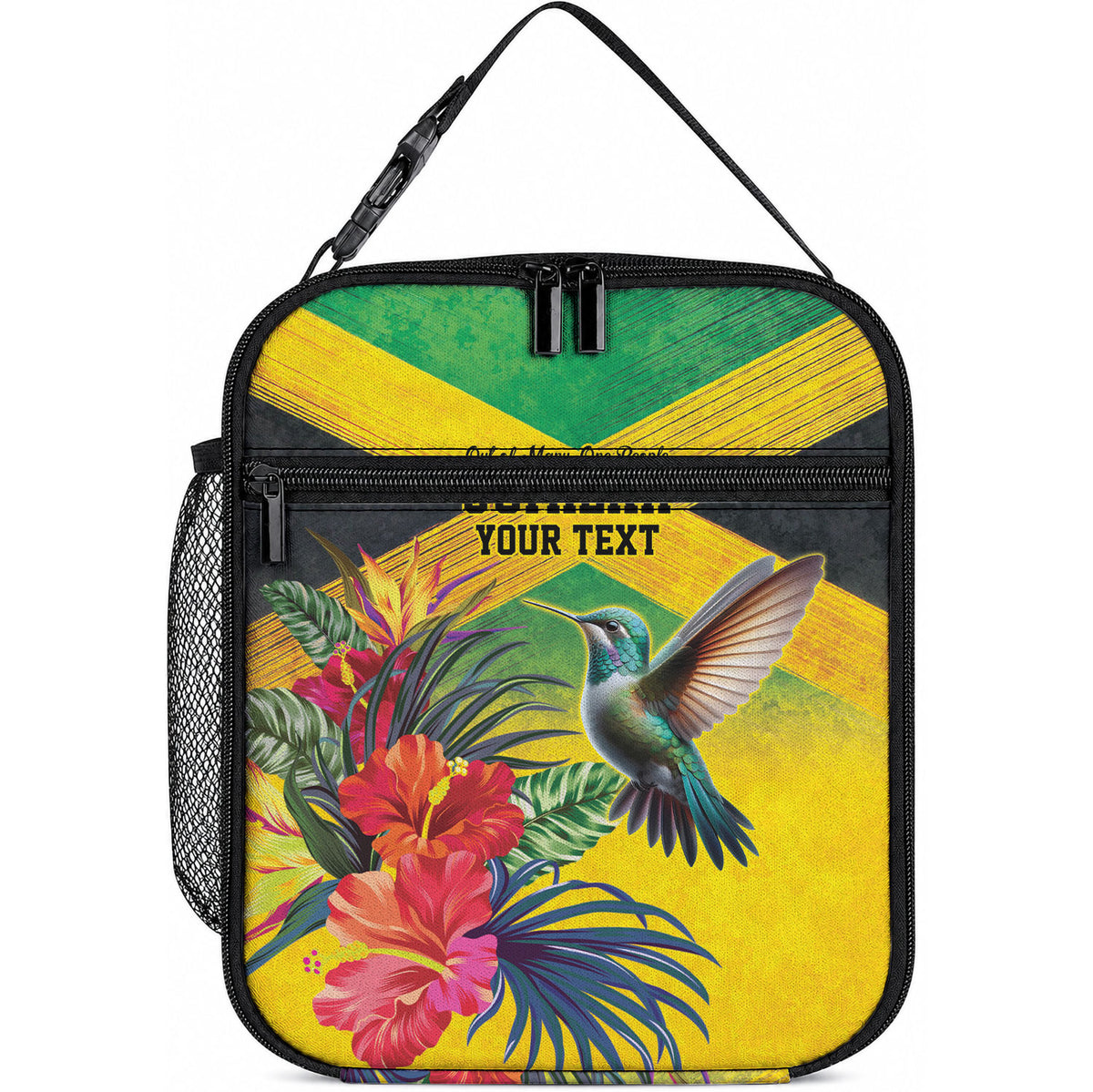 Personalized Black Jamaicans Hummingbird Lunch Bag Tropical Flowers Grunge Flag