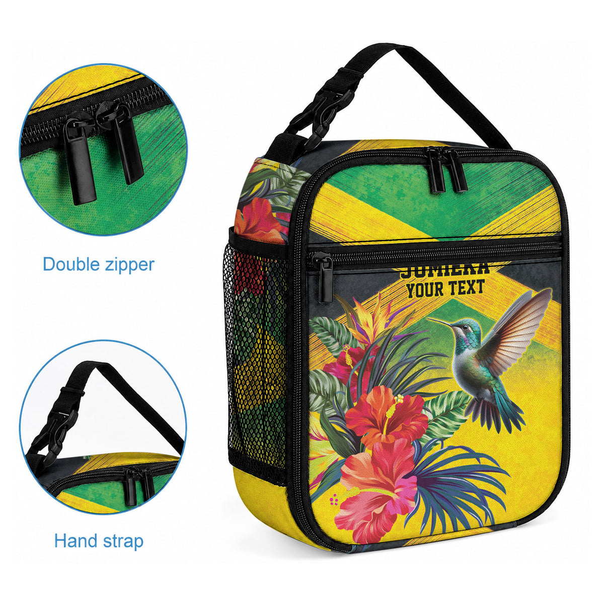 Personalized Black Jamaicans Hummingbird Lunch Bag Tropical Flowers Grunge Flag