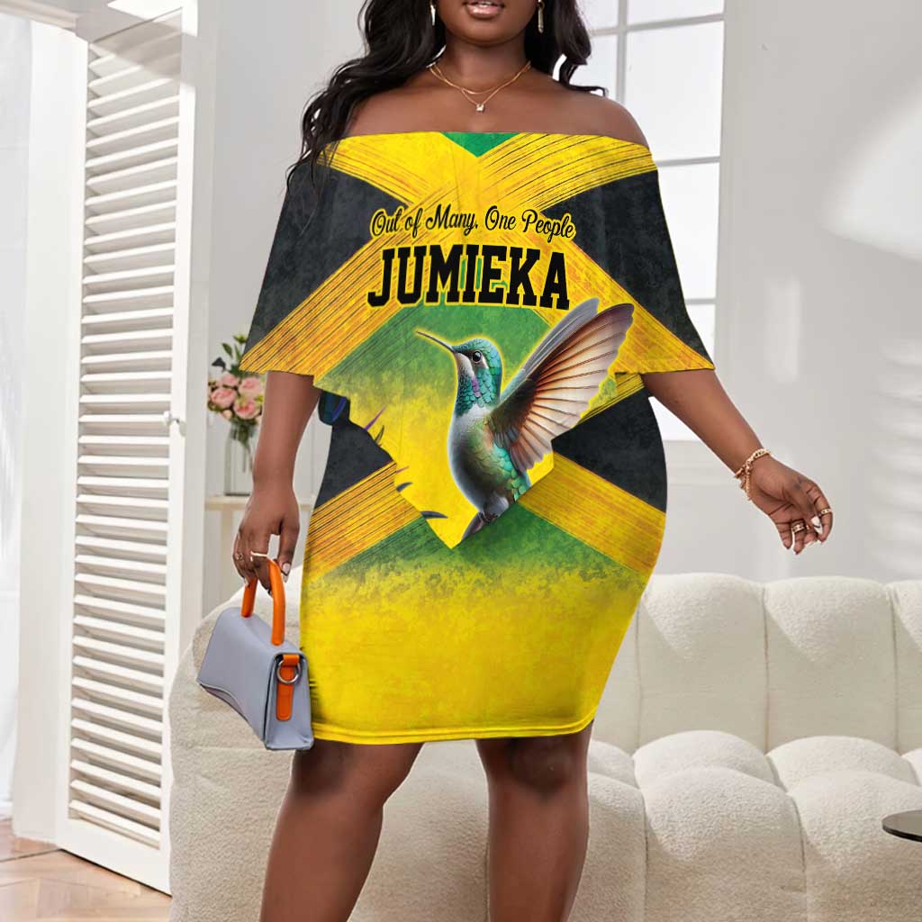 Personalized Black Jamaicans Hummingbird Off Shoulder Short Dress Tropical Flowers Grunge Flag - African Pride
