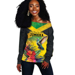 Personalized Black Jamaicans Hummingbird Off Shoulder Sweater Tropical Flowers Grunge Flag - African Pride