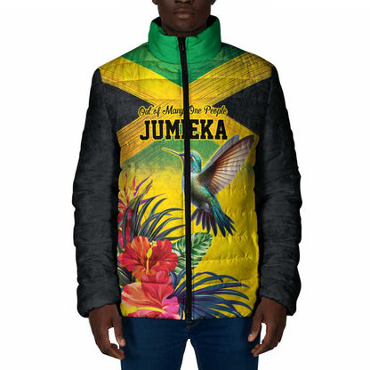 Personalized Black Jamaicans Hummingbird Padded Jacket Tropical Flowers Grunge Flag