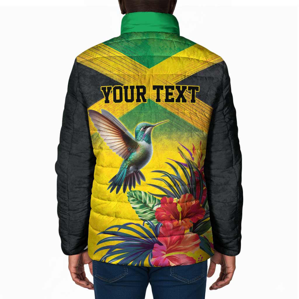 Personalized Black Jamaicans Hummingbird Padded Jacket Tropical Flowers Grunge Flag