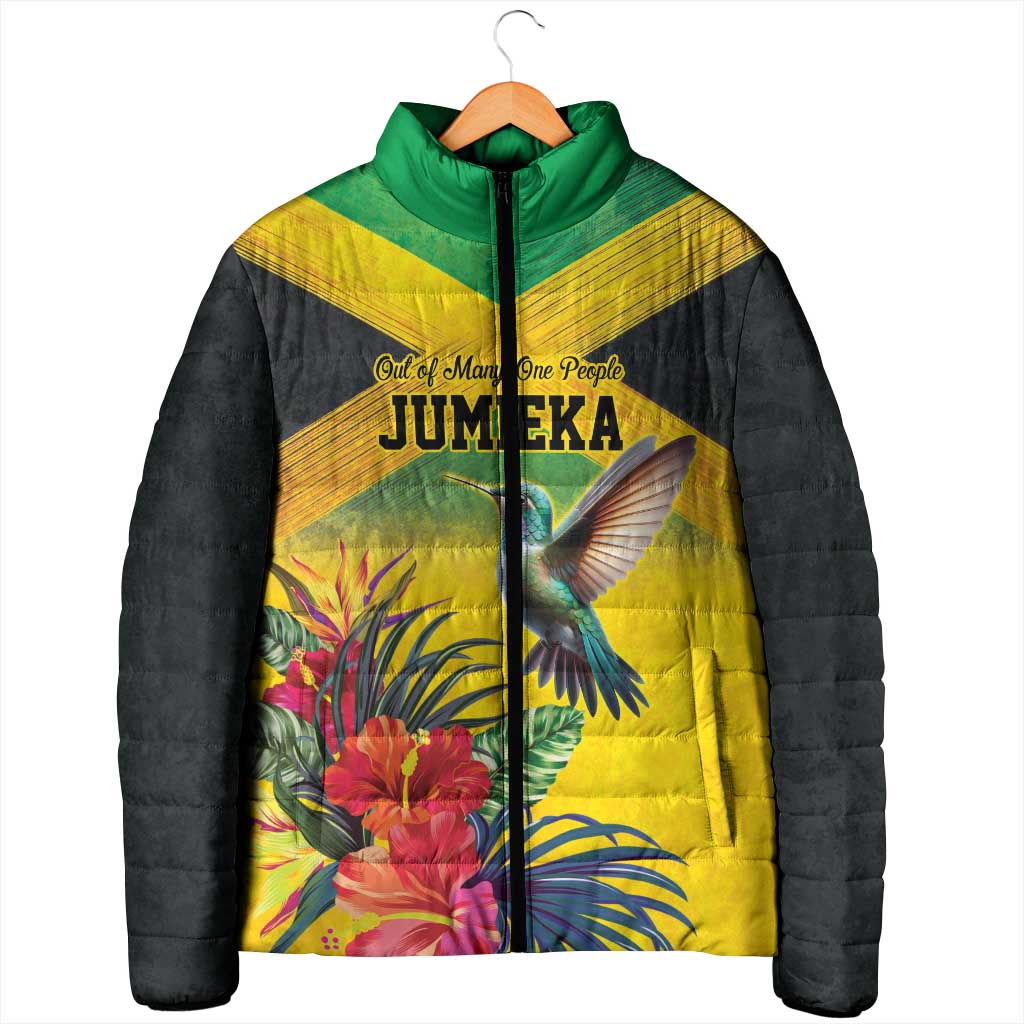 Personalized Black Jamaicans Hummingbird Padded Jacket Tropical Flowers Grunge Flag