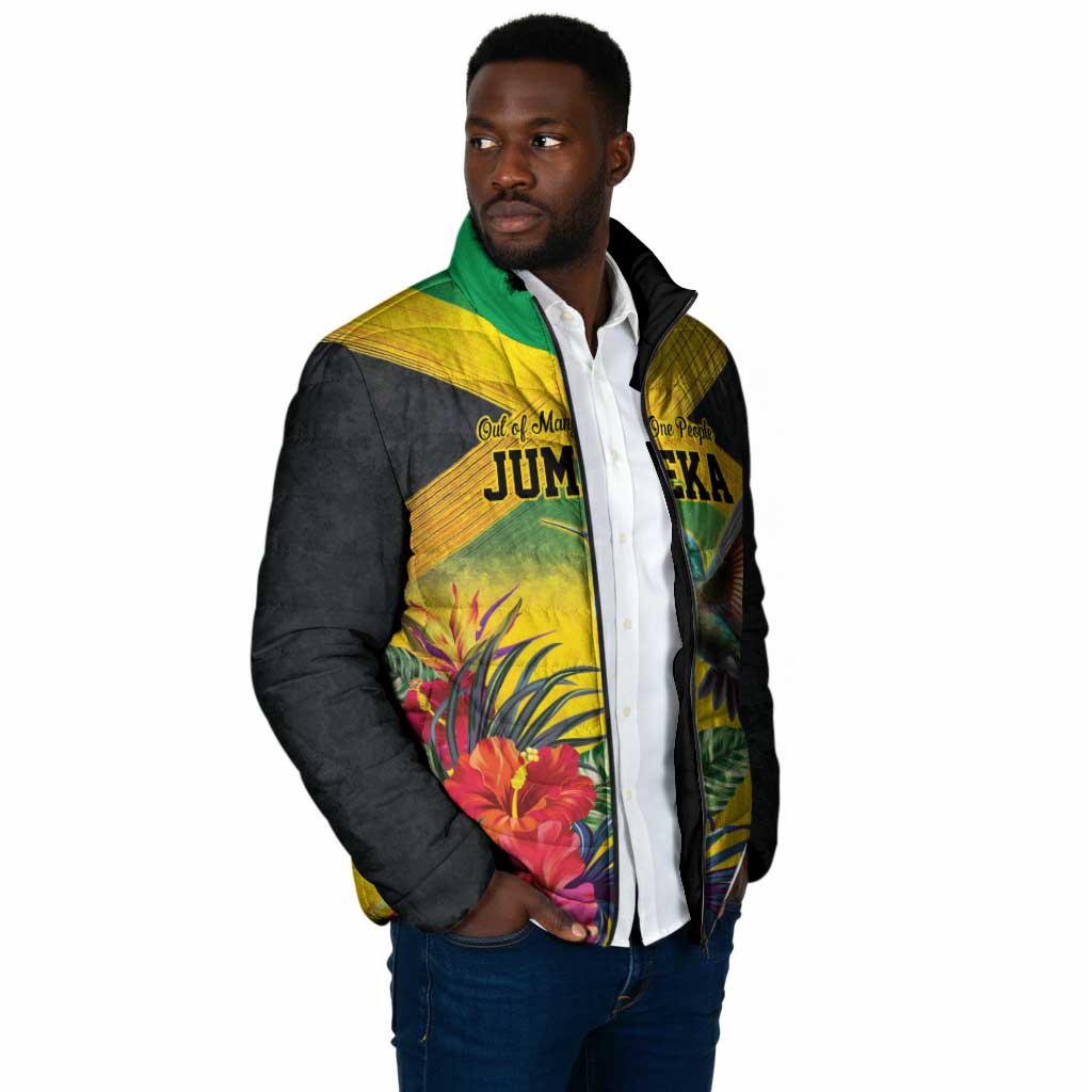 Personalized Black Jamaicans Hummingbird Padded Jacket Tropical Flowers Grunge Flag
