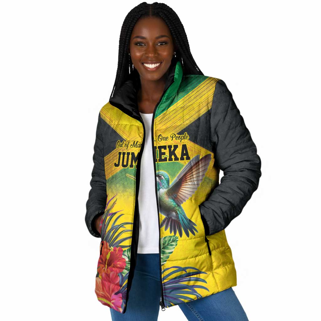 Personalized Black Jamaicans Hummingbird Padded Jacket Tropical Flowers Grunge Flag