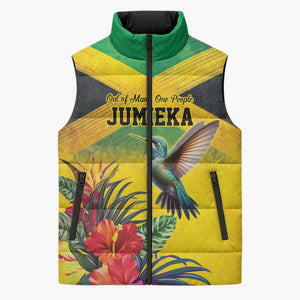 Personalized Black Jamaicans Hummingbird Sleeveless Puffer Jacket Tropical Flowers Grunge Flag