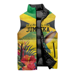 Personalized Black Jamaicans Hummingbird Sleeveless Puffer Jacket Tropical Flowers Grunge Flag