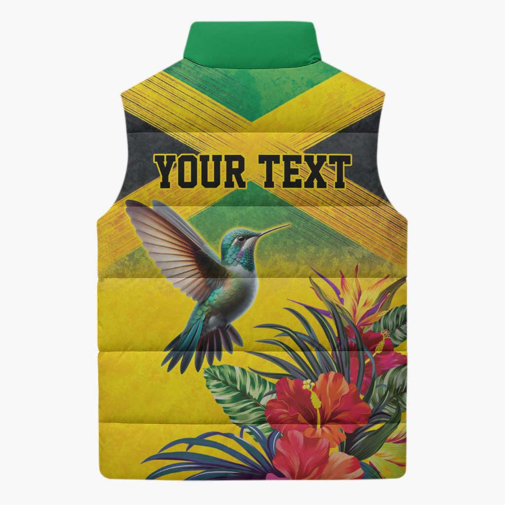 Personalized Black Jamaicans Hummingbird Sleeveless Puffer Jacket Tropical Flowers Grunge Flag