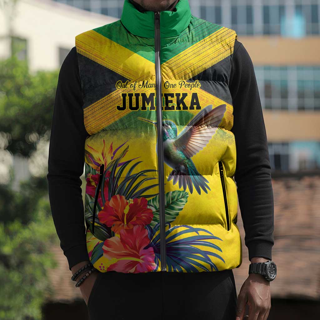 Personalized Black Jamaicans Hummingbird Sleeveless Puffer Jacket Tropical Flowers Grunge Flag