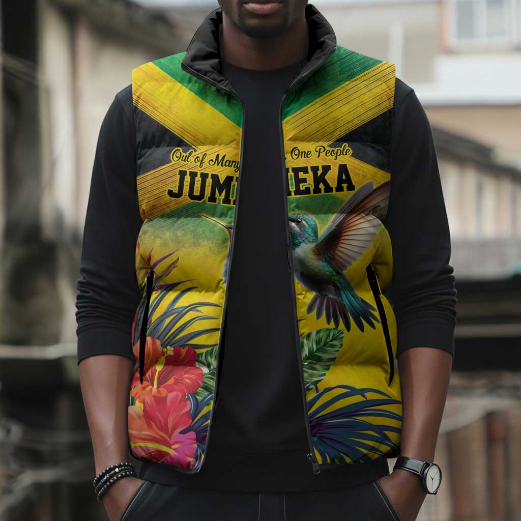 Personalized Black Jamaicans Hummingbird Sleeveless Puffer Jacket Tropical Flowers Grunge Flag