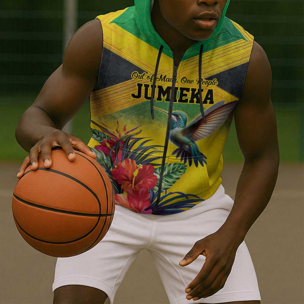 Personalized Black Jamaicans Hummingbird Sleeveless Zip Hoodie Tropical Flowers Grunge Flag - African Pride