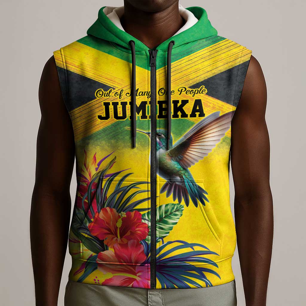 Personalized Black Jamaicans Hummingbird Sleeveless Zip Hoodie Tropical Flowers Grunge Flag - African Pride