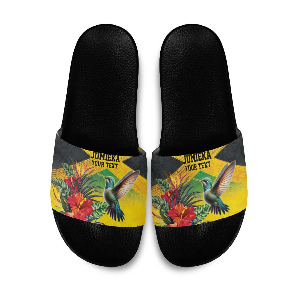 Personalized Black Jamaicans Hummingbird Slide Sandals Tropical Flowers Grunge Flag