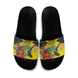 Personalized Black Jamaicans Hummingbird Slide Sandals Tropical Flowers Grunge Flag