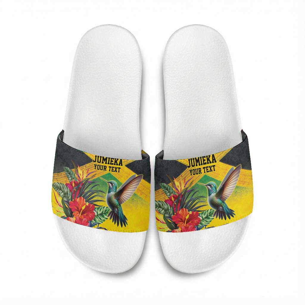 Personalized Black Jamaicans Hummingbird Slide Sandals Tropical Flowers Grunge Flag