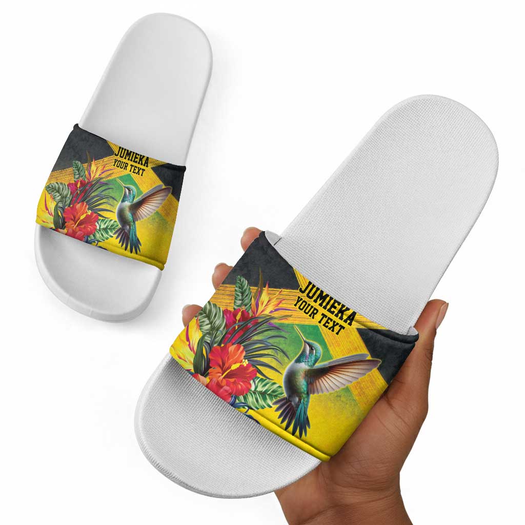Personalized Black Jamaicans Hummingbird Slide Sandals Tropical Flowers Grunge Flag