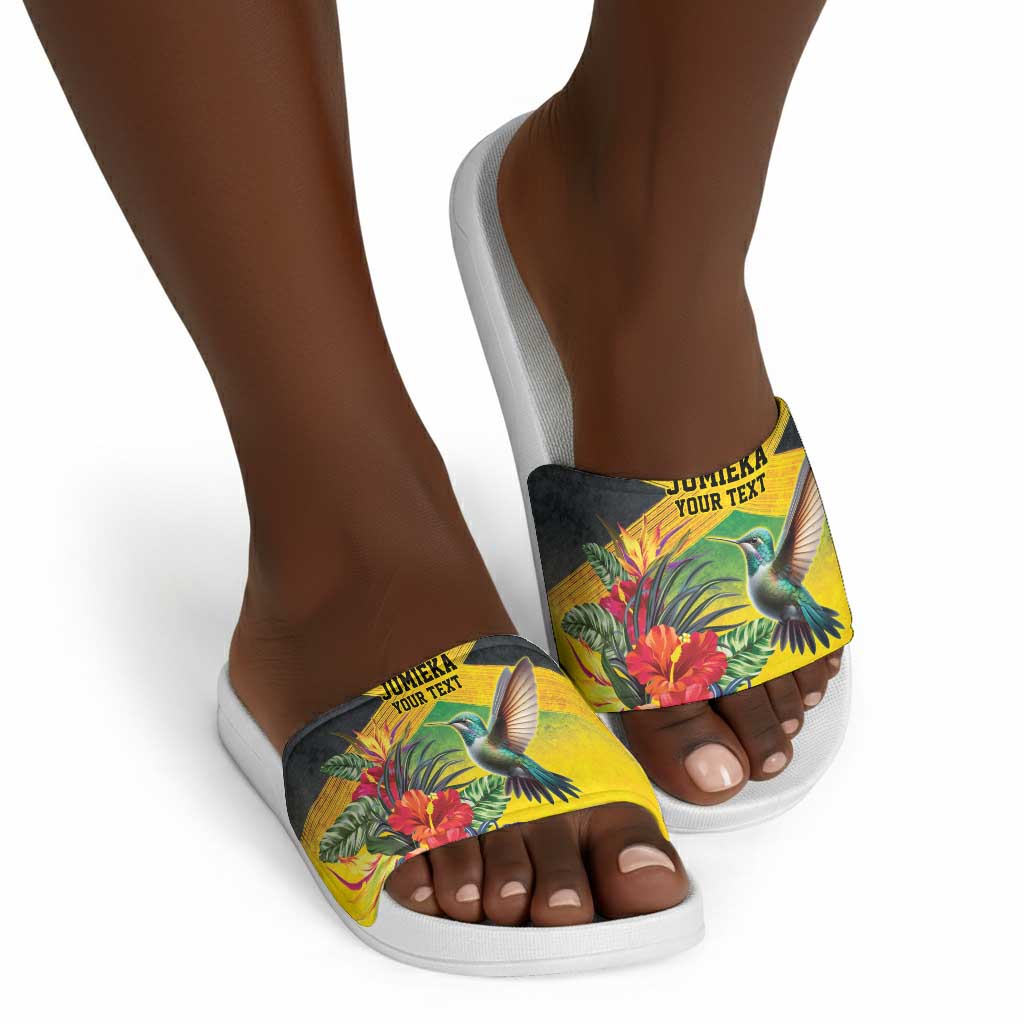 Personalized Black Jamaicans Hummingbird Slide Sandals Tropical Flowers Grunge Flag