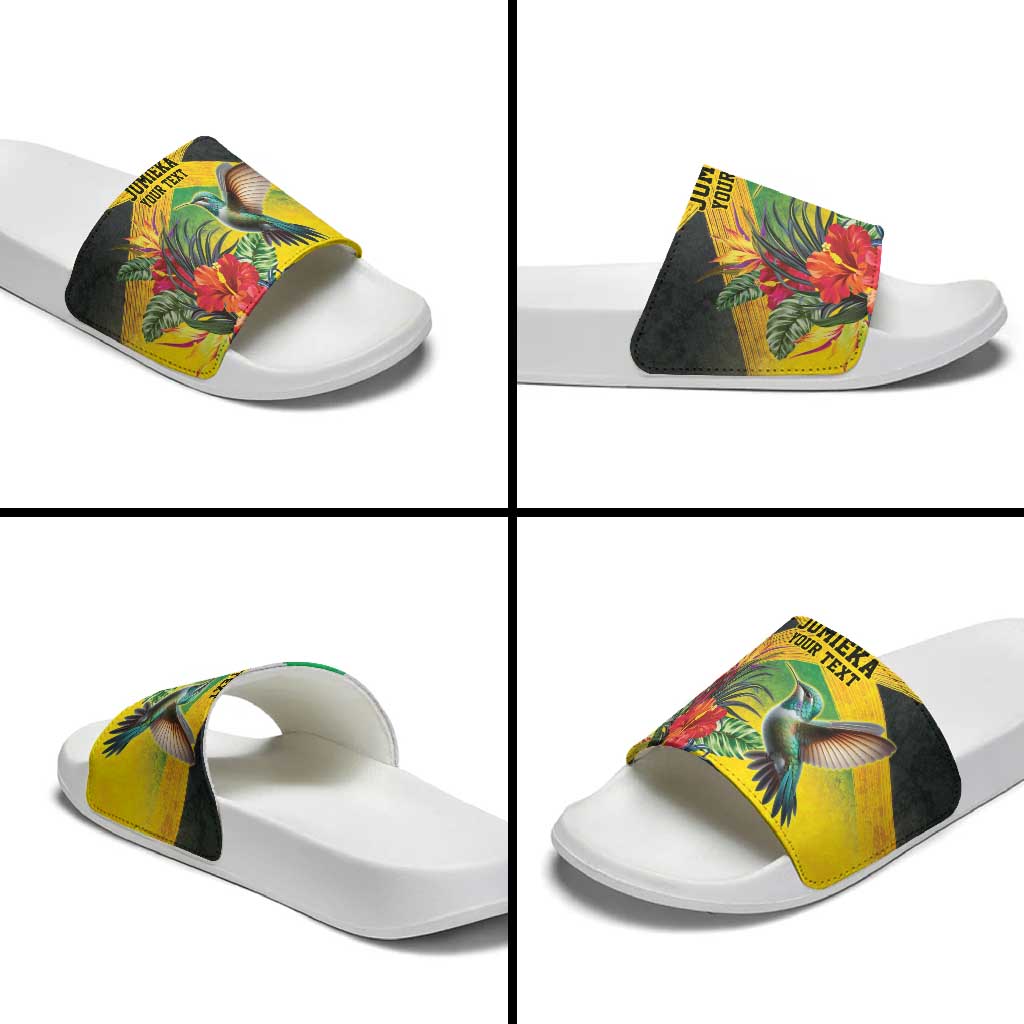 Personalized Black Jamaicans Hummingbird Slide Sandals Tropical Flowers Grunge Flag