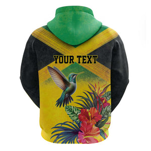 Personalized Black Jamaicans Hummingbird Zip Hoodie Tropical Flowers Grunge Flag - African Pride