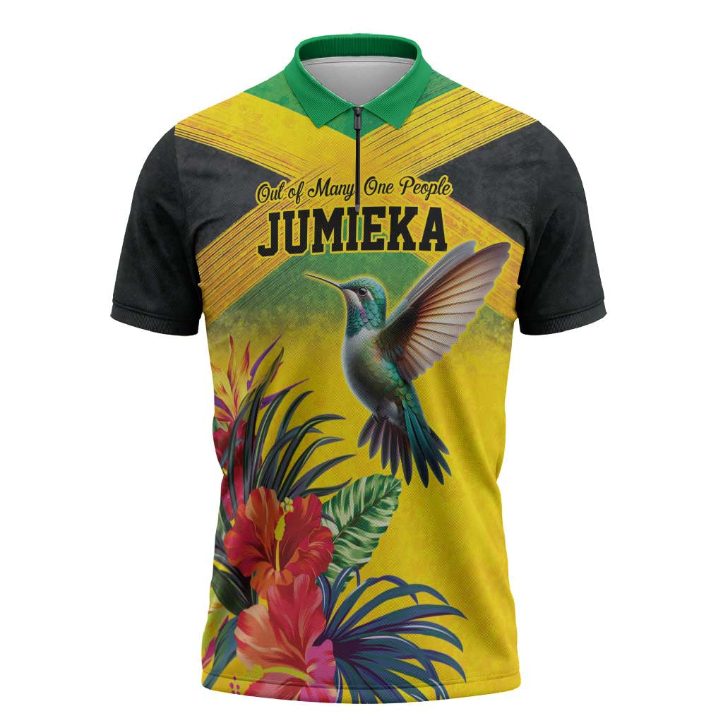 Personalized Black Jamaicans Hummingbird Zipper Polo Shirt Tropical Flowers Grunge Flag