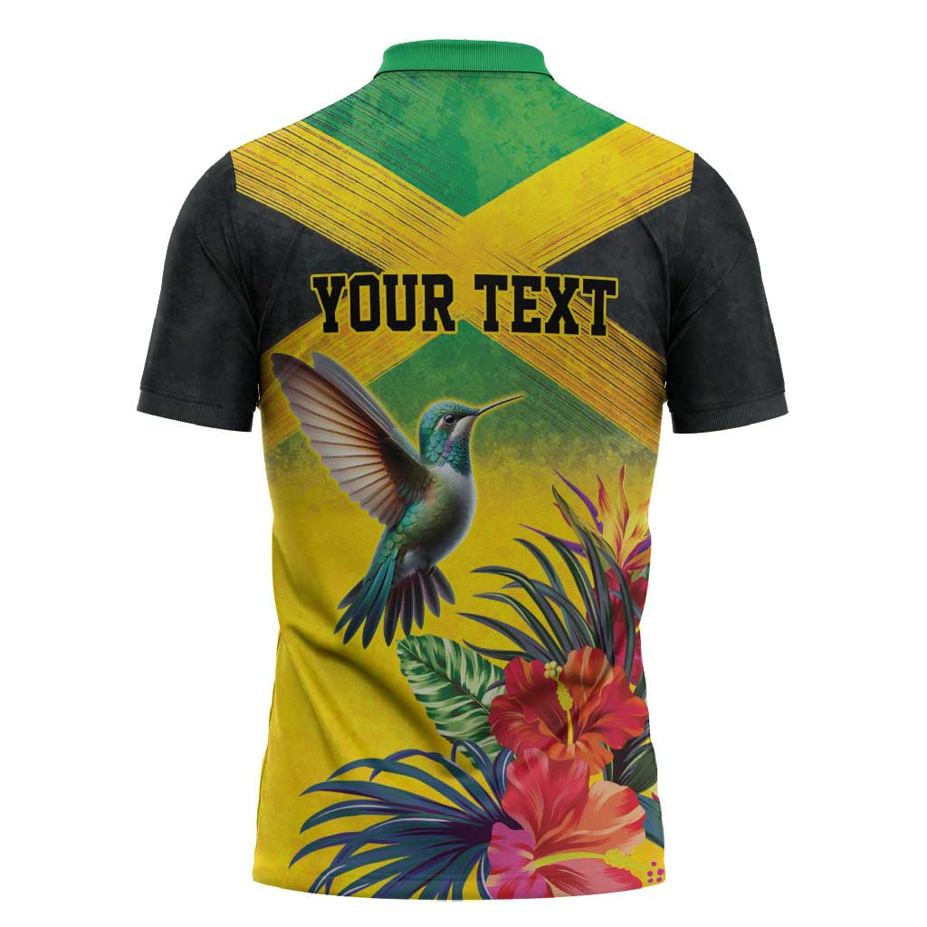 Personalized Black Jamaicans Hummingbird Zipper Polo Shirt Tropical Flowers Grunge Flag