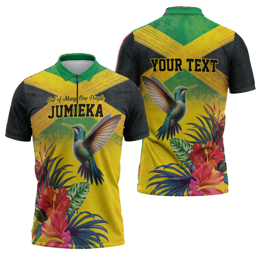Personalized Black Jamaicans Hummingbird Zipper Polo Shirt Tropical Flowers Grunge Flag