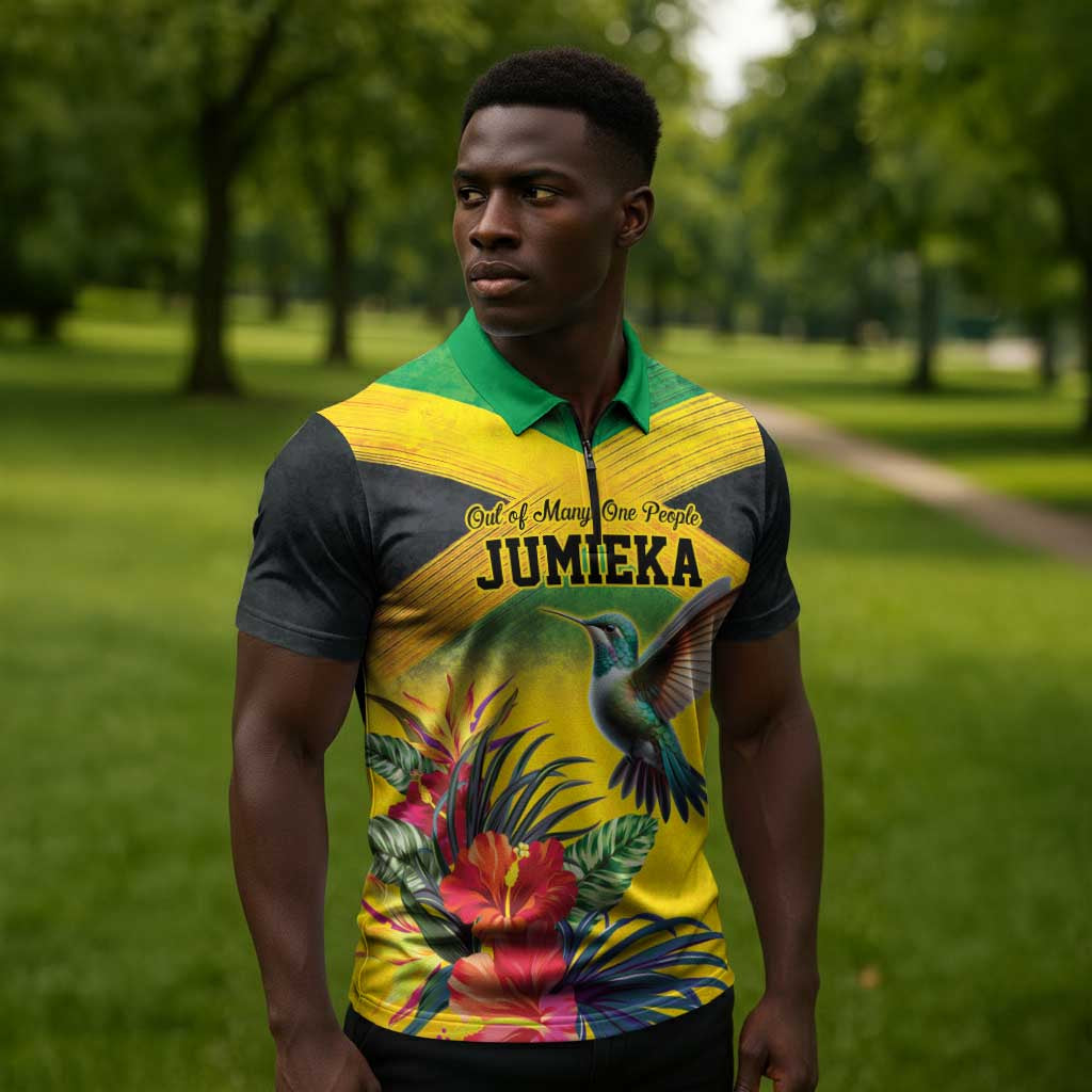 Personalized Black Jamaicans Hummingbird Zipper Polo Shirt Tropical Flowers Grunge Flag