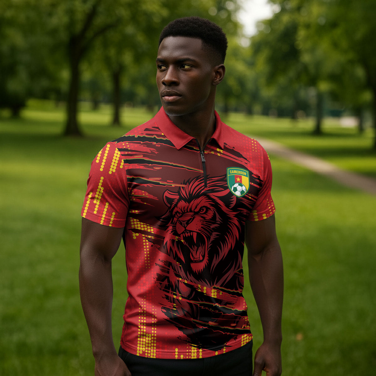 Custom Cameroon Red Lion Zipper Polo Shirt Africa Football Champion Series 2026